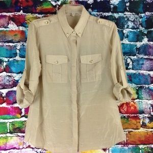 Banana Republic Heritage Silk Blend Button Front Shirt Top Blouse Sz 8 Roll Tab
